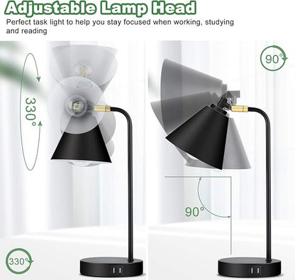 Industrial 3 Way Dimmable Touch Control Desk Lamp with 2 USB Ports & AC Outlet Bedside Nightstand Reading Lamp Flexible Head Farmhouse Black Table Lamp for Office Bedroom Living Room Bulb Included