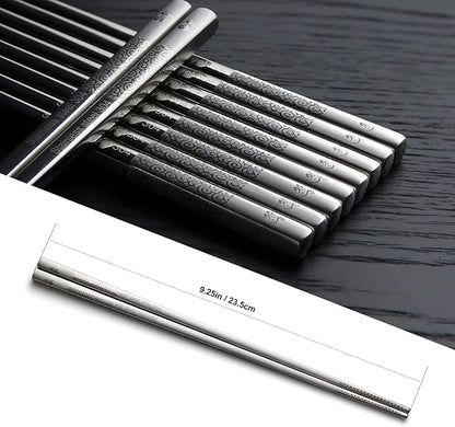 IQCWOOD 18/8 Stainless Steel Chopsticks, 5 Pairs Reusable Metal Chopsticks with Laser Engraved, Dishwasher Safe Non-Slip Square Japanese Korean Style for Cooking Eating, 9 1/4 Inches Gift Set