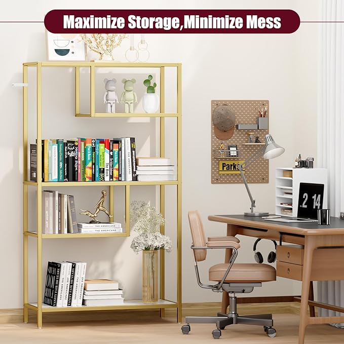 HOME BI Geometric Bookshelf, Tall Modern Etagere Bookcase, Industrial Metal Book Shelf with 5 Open Display Shelves for Office Living Room, Gold and White