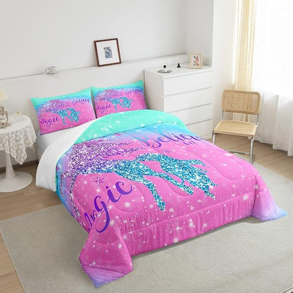 Erosebridal Pink Blue Gradient Bedding Set,Girls Fantasy Sequins Unicorn Duvet Insert for Kids Teens Women,Glitter Starry Sky Starlight Comforter Set for Room Decor,Soft Full Size with 2 Pillow Shams