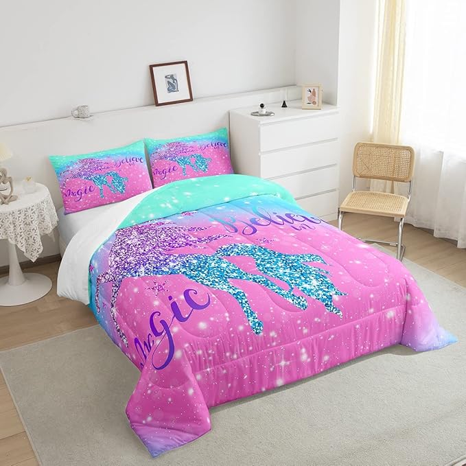 Unicorn Duvet Insert Queen Size,Glitter Starry Sky Comforter Set,Pink Blue Gradient Bedding Set,Sparkel Sequins Animal Down Comforter For Girls Teens Women Youth,3Pcs Magical Unicorn Quilt Comforter