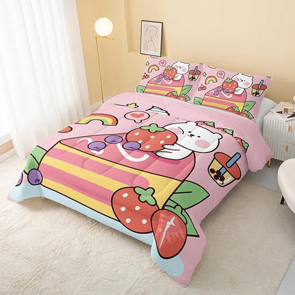 Kawaii Bear Comforter Full,Pink Bear Comforter Set for Kids Teens Girls,3Pcs Bedding Set Printed Comforter with 2 Pillowcases,Down Alternative,Soft and Lightweight，Full Size