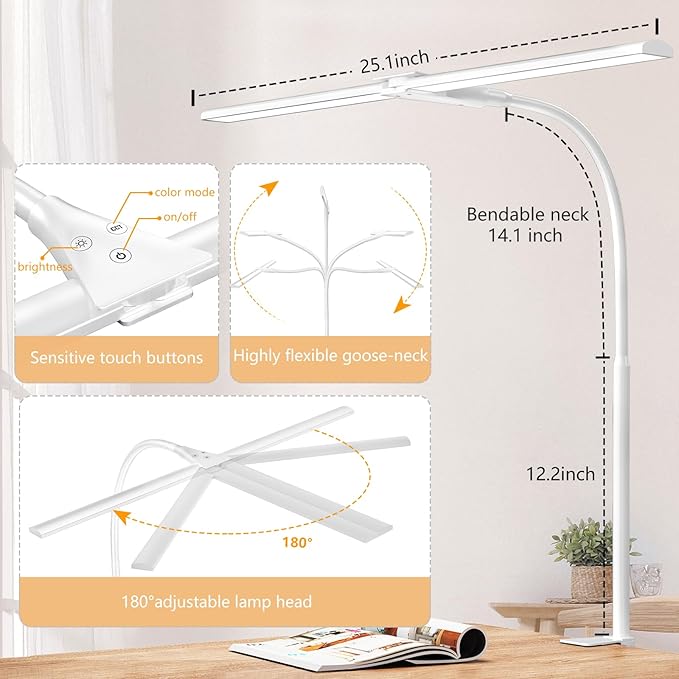 EppieBasic LED Desk lamp,Double Head Architect Desk Lamps for Home Office,Extra Bright Workbench Office Lighting,Eye Protection Modern Desk Light for Monitor Working Reading White 1200LM
