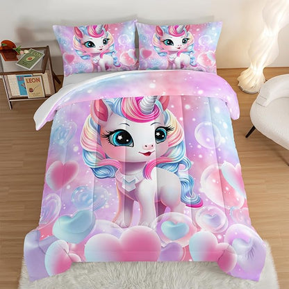 HOSIMA Unicorn Bedding Sets for Girls Teens,Cartoon Kawaii Unicorn Comforter Bubble and Love Heart Bedding Set,Fantasy Unicorn Bedroom Decor for Girls Pink Purple Queen Comforter Set.