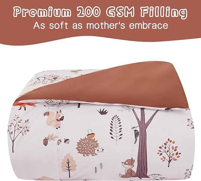 Kids Woodland Comforter Set for Boys Girls Twin Size, Cute Reversible Quilted Forest Animal Print Fall Bedding with Pillow Sham, Lightweight Soft Breathable Machine Camping Themed Bed Set 2 Piece