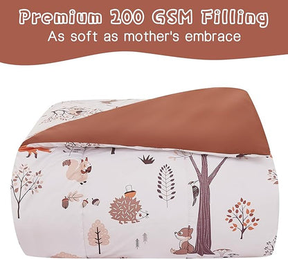 Kids Woodland Comforter Set for Boys Girls Twin Size, Cute Reversible Quilted Forest Animal Print Fall Bedding with Pillow Sham, Lightweight Soft Breathable Machine Camping Themed Bed Set 2 Piece