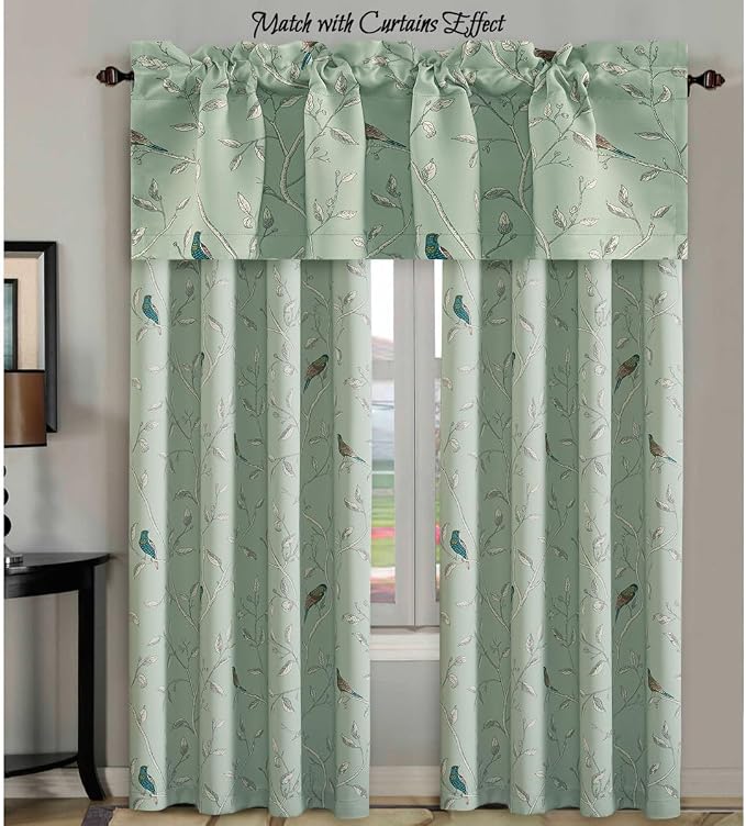 H.VERSAILTEX Blackout Curtain Valances for Kitchen Window/Living Room/Bathroom Privacy Added Rod Pocket Home Decoration Winow Valance, 52" W x 18" L, Birds in Sage (Pack of 4)