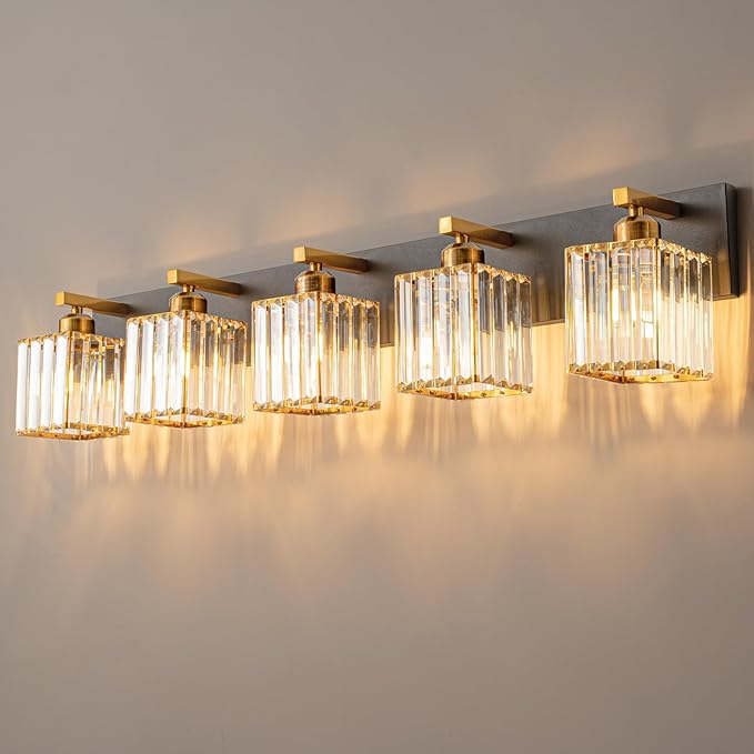 Modern Bathroom Vanity Light 5-Lights Black Gold Crystal Bathroom Wall Light Vanity Light Fixtures，36.22-inch Modern Minimalist Design