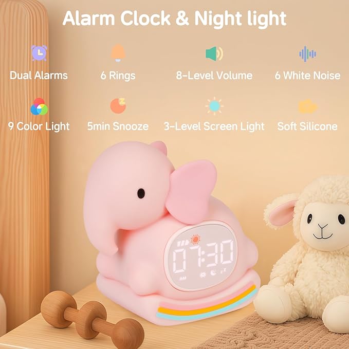 Alarm Clock for Kids with Night Light, Sleep Training Clock Time to Wake Clock, Rechargeable Silicone Light for Bedroom, Perfect Sleep Companion for Boys Girls, Pink Elephant