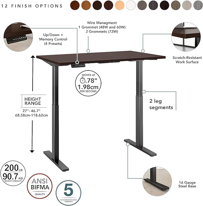 Bush Business Furniture Move 60 Electric Ergonomic Sit-Stand Computer Table for Home and Professional Office, 48W x 24D, Mocha Cherry