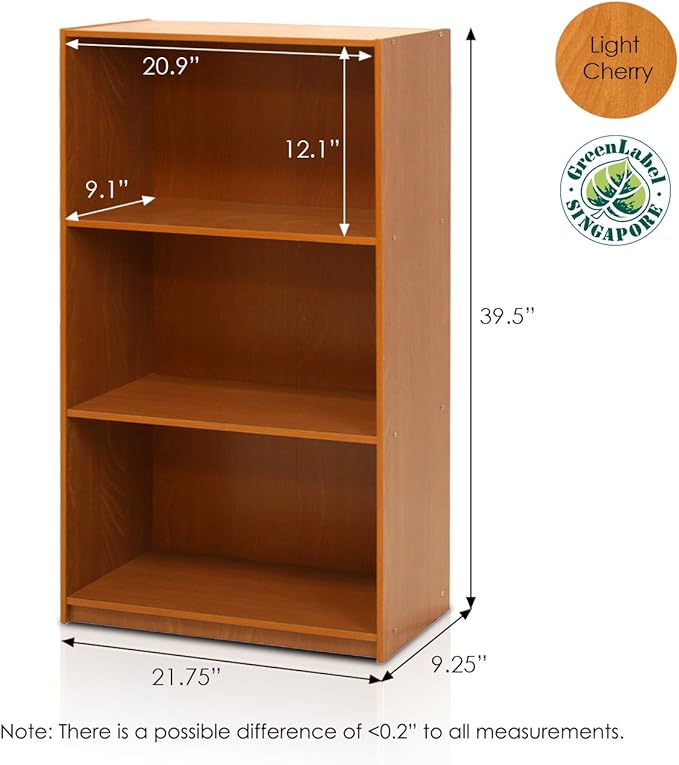 Furinno Basic 3-Tier Bookcase Storage Shelves, Light Cherry