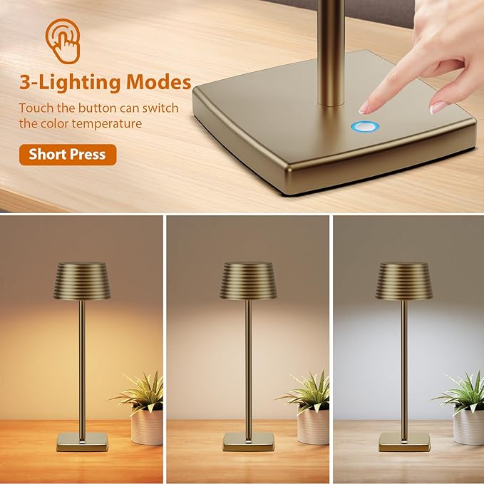 Rechargeable Cordless Table Lamp, Battery 6000mAh Metal Aluminum Housing USB LED Portable Powered Desk Lamp, 3 Levels Brightness Night Light for Restaurants Bars Outdoor (Titanium)