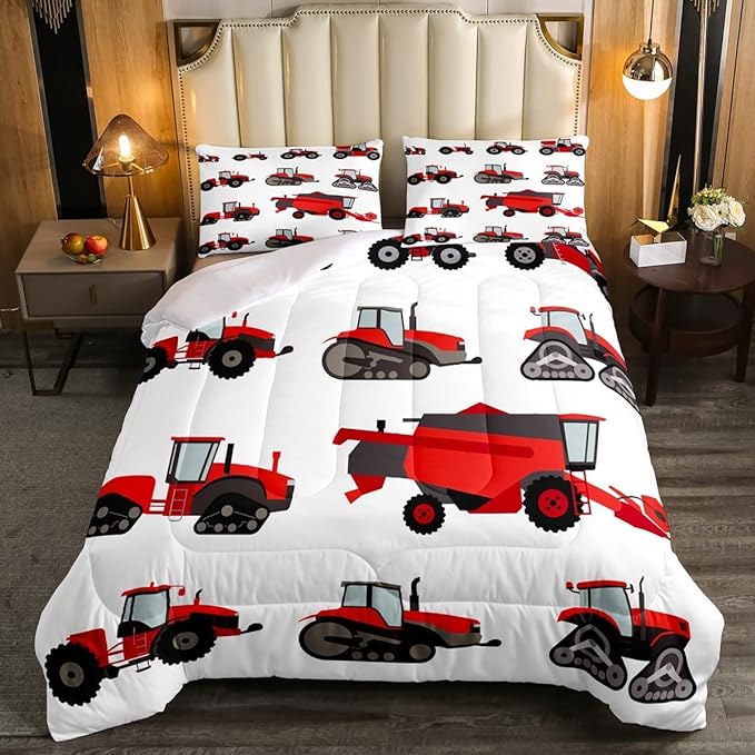 Erosebridal Red Tractor Comforter Set Heavy Equipment Truck Bedding Set for Kids Boys Girls Harvester Tractor Duvet Set King Size Farm Equipment Quilt Set Bedroom Collection 3Pcs Room Decor
