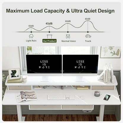 BANTI Height Adjustable Electric Standing Desk with 4 Drawers, 63 x 24 Inch Table with Storage Shelf, Sit Stand Desk, White Top
