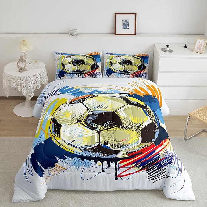 Erosebridal Graffiti Soccer Comforter Set King Size Football Quilt Set Sports Soccer Bedding Set for Kids Boys Girls Teen Soft Lightweight Duvet Insert for All Season,2 Pillow Cases Colorful