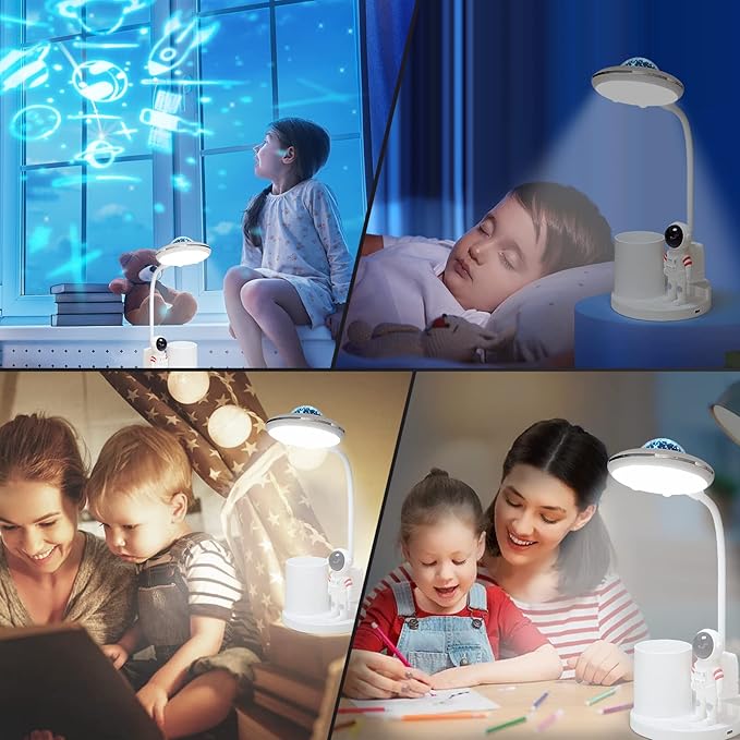 LED Desk Lamp for Kids, Astronaut cute Small Desk Lamp with USB Charging Port, Pen Holder, projection night lights for kids, White desk Lamp, Eye-Caring Study Table Lamp for boys Bedroom