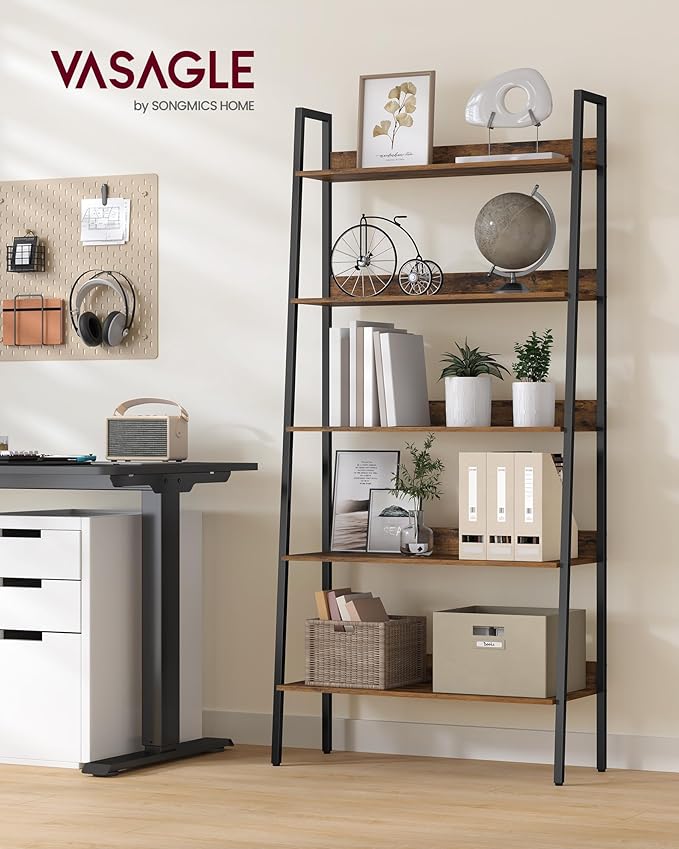 VASAGLE Bookshelf, 5-Tier Bookcase, Ladder Shelf for Home Office, Living Room, Bedroom, Kitchen, Rustic Brown and Ink Black ULLS129B01