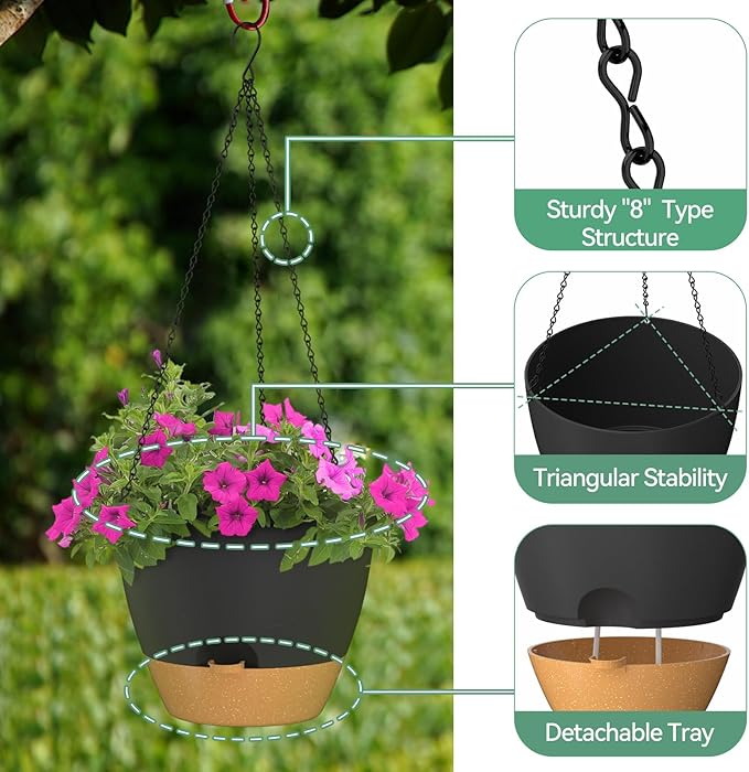 ZMTECH 12 Inch Hanging Planters for Indoor Outdoor Plants, 1 Pack Self Watering Hanging Plant Pots with Drainage Holes and Removable Saucer, Plastic Flower Hanging Pots with Watering Lip (Black)