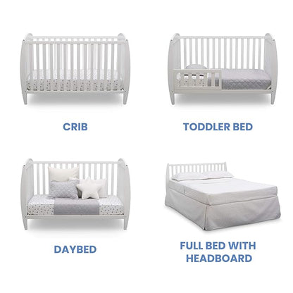 Delta Children Twinkle 4-in-1 Convertible Baby Crib, Sustainable New Zealand Wood, White and Delta Children Twinkle Galaxy Dual Sided Recycled Fiber Core Crib and Toddler Mattress (Bundle)