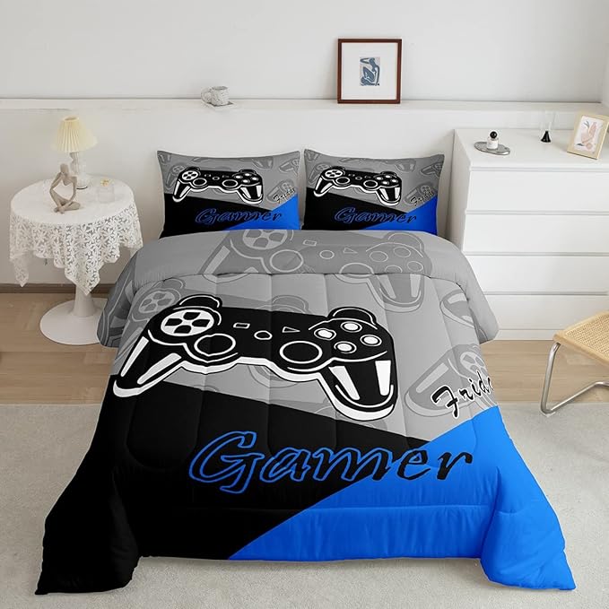Feelyou Gaming Comforter for Boys Teen Video Game Bedding Set for Kids Gamer Comforter for All Season Gamepad Home Decor for Comforter Set Queen Size,1 Comforter with 2 Pillowcases Blue Black Grey