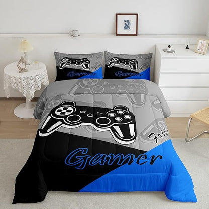 Feelyou Gaming Comforter for Boys Teen Video Game Bedding Set for Kids Gamer Comforter for All Season Gamepad Home Decor for Comforter Set Twin Size,1 Comforter with 1 Pillowcase Blue Black Grey