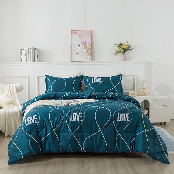 Blue Green Comforter Set King Size, 3 Pieces Modern Lines Pattern with Love, Soft Microfiber Bedding Comforter Set, Down Alternative Comforters for All Season (104 * 90’’)