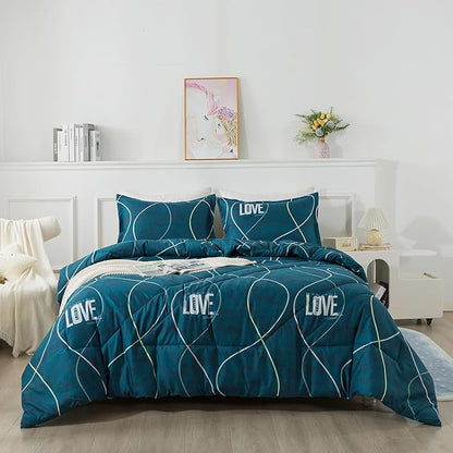 Blue Green Comforter Set King Size, 3 Pieces Modern Lines Pattern with Love, Soft Microfiber Bedding Comforter Set, Down Alternative Comforters for All Season (104 * 90’’)