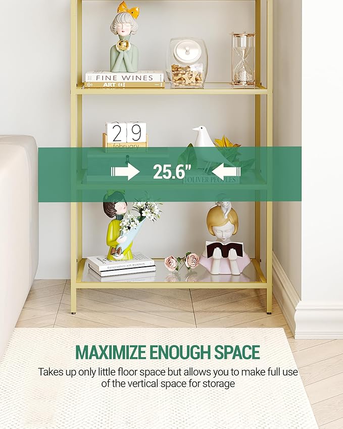 Bookcase Bookshelf, Tempered Glass Bookshelves, Slim Shelving Unit for Bedroom, Bathroom, Home Office, Steel Frame, 6 Tier Gold BC21699G