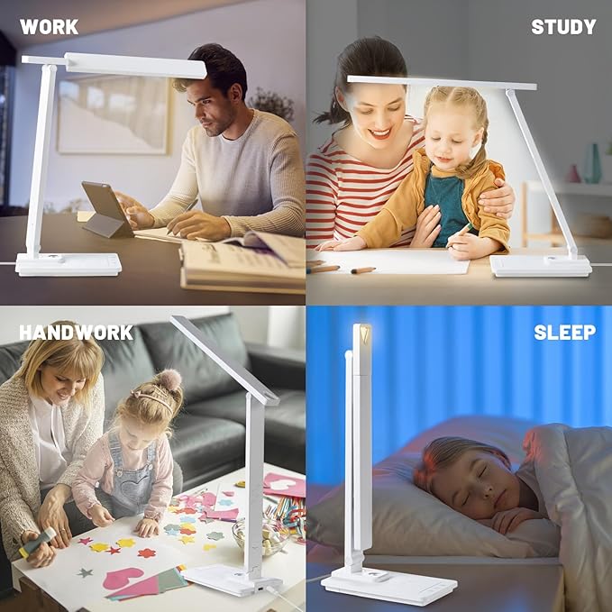 Led Desk Lamp with Wireless Charger, White Desk Lamps for Home Office with Clock, Alarm, Date, Temperature | Desk Light with Night Light, 46 Min Auto Timer | Touch Control Smart Lamp for College, Dorm