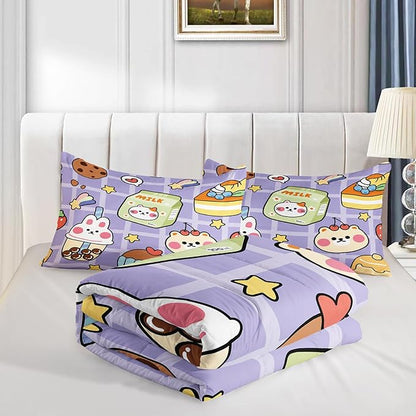 Kawaii Bear Comforter Set for Kids Teens Girls Women,Purple Bear Kids Comforter,1 Comforter with 2 Pillowcase, Microfiber 3 Piece Bedding Set,for All Seasons(Purple，Twin Size)