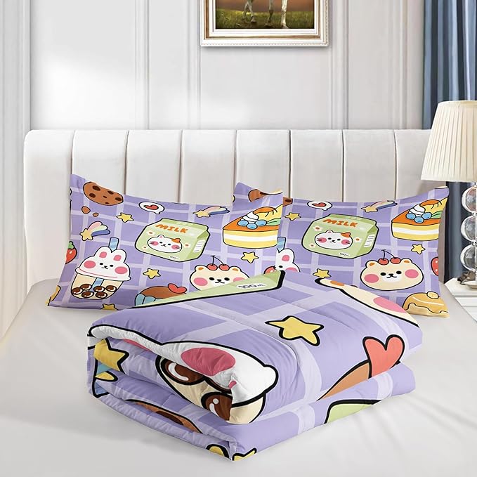 Kawaii Bear Comforter Set for Kids Teens Girls Women,Purple Bear Kids Comforter,1 Comforter with 2 Pillowcase, Microfiber 3 Piece Bedding Set,for All Seasons(Purple，Full Size)