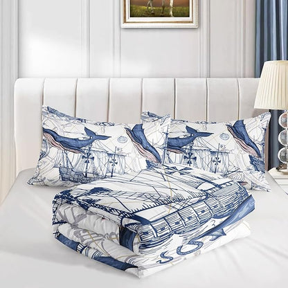 CVHOUSE Whale Comforter Set Full Size,Ocean Theme Bedding Set for Kids,Whale Nautical Sailing Quilt Set Ocean Duvet Set Ocean Decor 3 Pieces