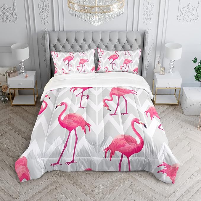 Flamingo Comforter Set Twin Size Tropical Flamingo Geometric Stripe Bedding Set Flamingo Quilted Duvet for Kids Girls Boys Adult with 1 Comforter and 2 Pillowcases