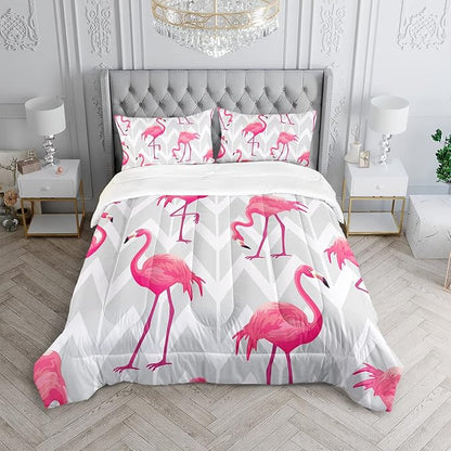 Flamingo Comforter Set Queen Size Tropical Flamingo Geometric Stripe Bedding Set Flamingo Quilted Duvet for Kids Girls Boys Adult with 1 Comforter and 2 Pillowcases