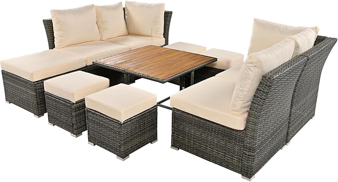 9 Piece Patio Furniture Set with Solid Wood Coffee Table and Ottomans, Rattan Modular Outdoor Sectional Conversation Sofa, for Garden Backyard, Onesize, Beige