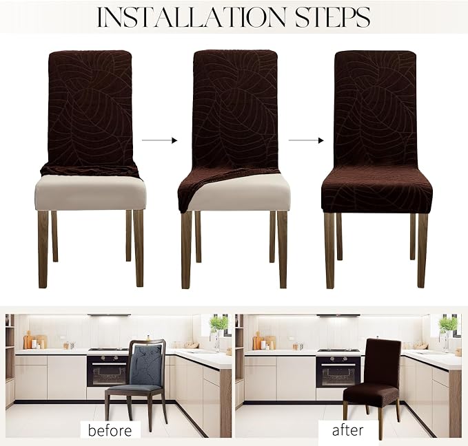 MOSAYT 100% Waterproof Dining Room Chair Covers Set of 4, Super Fit Stretch Jacquard Parson Chairs Slipcovers Removable Washable Chair Seat Protectors for Home, Kitchen, Banquet (Chocolate)