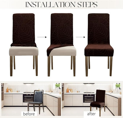 MOSAYT 100% Waterproof Dining Room Chair Covers Set of 4, Super Fit Stretch Jacquard Parson Chairs Slipcovers Removable Washable Chair Seat Protectors for Home, Kitchen, Banquet (Chocolate)