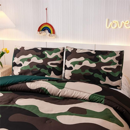 Meeting Story Army Green Camouflage Bedding Set, Camouflage Comforter Set, 3 PCS One Comforter and Two Pillowcases, All Season Soft Bedspread for Kids Teens Adults (Green, Queen)