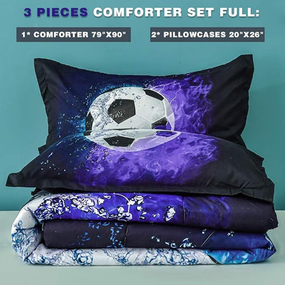 Andency 3D Soccer Comforter Full(79x90 Inch), 3 Pieces(1 Soccer Comforter, 2 Pillowcases) Sport Microfiber Soccer Comforter Set Bedding Set for Boy Kids Teens