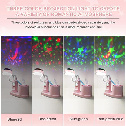 Pink Kids Desk Lamp with Pen holder, Rabbit cute LED Desk/Table Lamp with Dimmable Natrue Light, USB rechargeable and Funny projector, Small Bedside lamp, LED lamp for girls Bedrooms