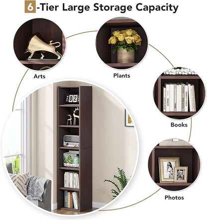 70.9 Inch Tall Narrow Bookcase, Corner Bookshelf 6 Tier Cube Display Shelf Storage Organizer for Small Space, Brown