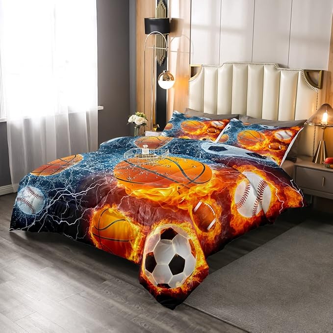 Erosebridal Sports Bedding Set for Boys King,Baseball Basketball Comforter Set Soccer Football Bedding Comforter Sets for Kids Teens Men,Red Blue Ice Fire Lightning Decor Quilt Duvet Set 3 Pcs