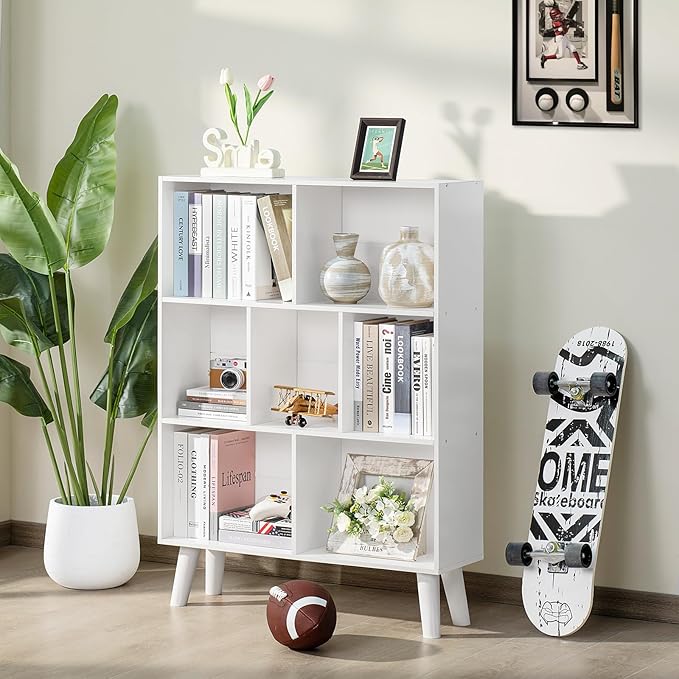 YAHARBO Pure White Bookshelf,3 Tier Book Shelf with Legs, 7 Cube Simple Bookcase,Storage Organizer Shelves Display Bookcases for Bedroom,Living Room
