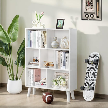 YAHARBO Pure White Bookshelf,3 Tier Book Shelf with Legs, 7 Cube Simple Bookcase,Storage Organizer Shelves Display Bookcases for Bedroom,Living Room