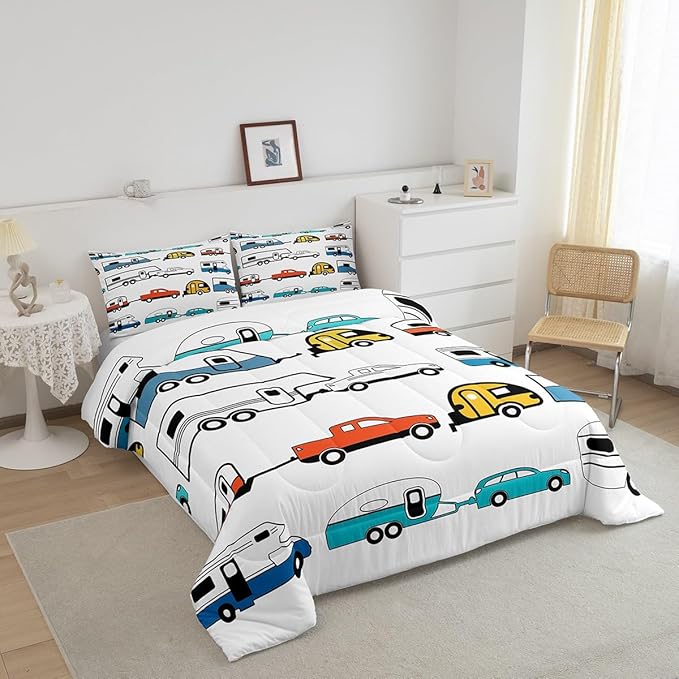 Camper Decor Bedding, Happy Camping Comforter Set Queen, Camping Down Comforter, Rustic Farmhouse Style Quilt Set For Kids Boys Girls, Colorful Camping Car Duvet Set, Soft Warm With 2 Pillow Cases
