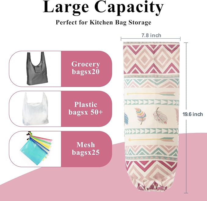 Plastic Bag Holder, Wall Mount Plastic Bag Organizer Dispenser, Heavy Duty Grocery Bag Storage Holder for Home Kitchen Camper (Pink Style)
