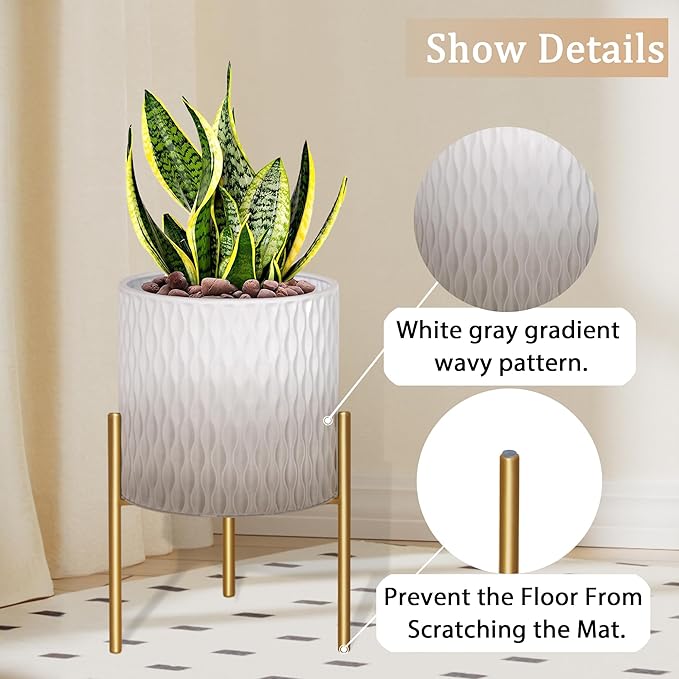 ARNIS Plants Pots with Stand, Set of 2 Indoor Planter Pots, Unique Mid Century Decorative Metal Flower Pots with Drainage,8.25 & 10.5 Inch, Grey and White
