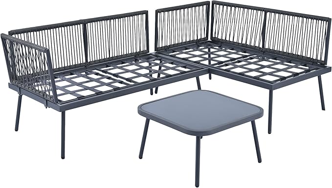 3-Piece Outdoor Furniture Set Rattan Sectional Sofa with Glass Table and Removable Cushions, All Weather PE Patio L-Shaped Couch Metal Frame, for Backyard, Poolside, Garden, Onesize, Gray