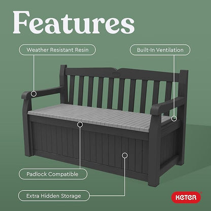 Keter Solana 70 Gallon Storage Bench Deck Box for Patio Storage, Front Porch Decor and Outdoor Seating – Perfect to Store Garden Tools and Pool Floats, Graphite