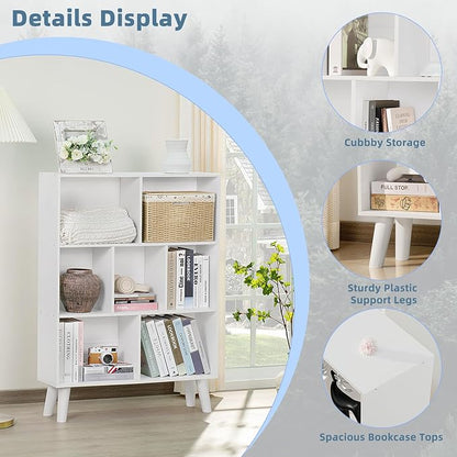 YAHARBO Pure White Bookshelf,3 Tier Book Shelf with Legs, 7 Cube Simple Bookcase,Storage Organizer Shelves Display Bookcases for Bedroom,Living Room